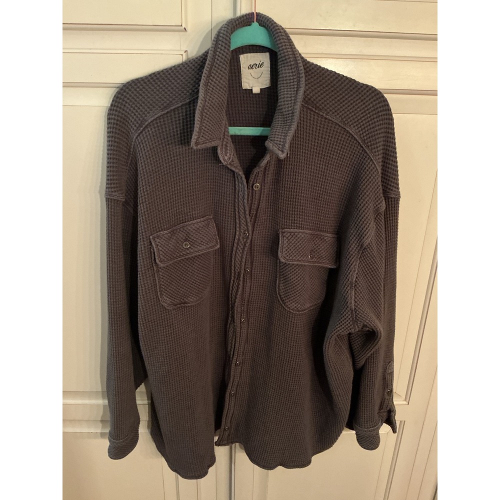 Aerie Charcoal Gray Waffle Knit Button Down Shacket Oversized Shirt L/XL